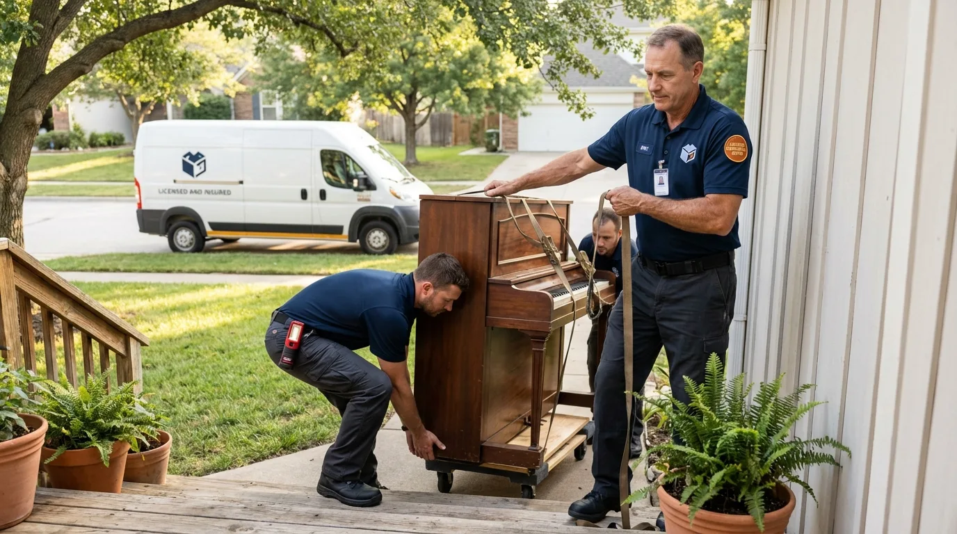 Licensed piano movers securing grand piano in Liberty, IN