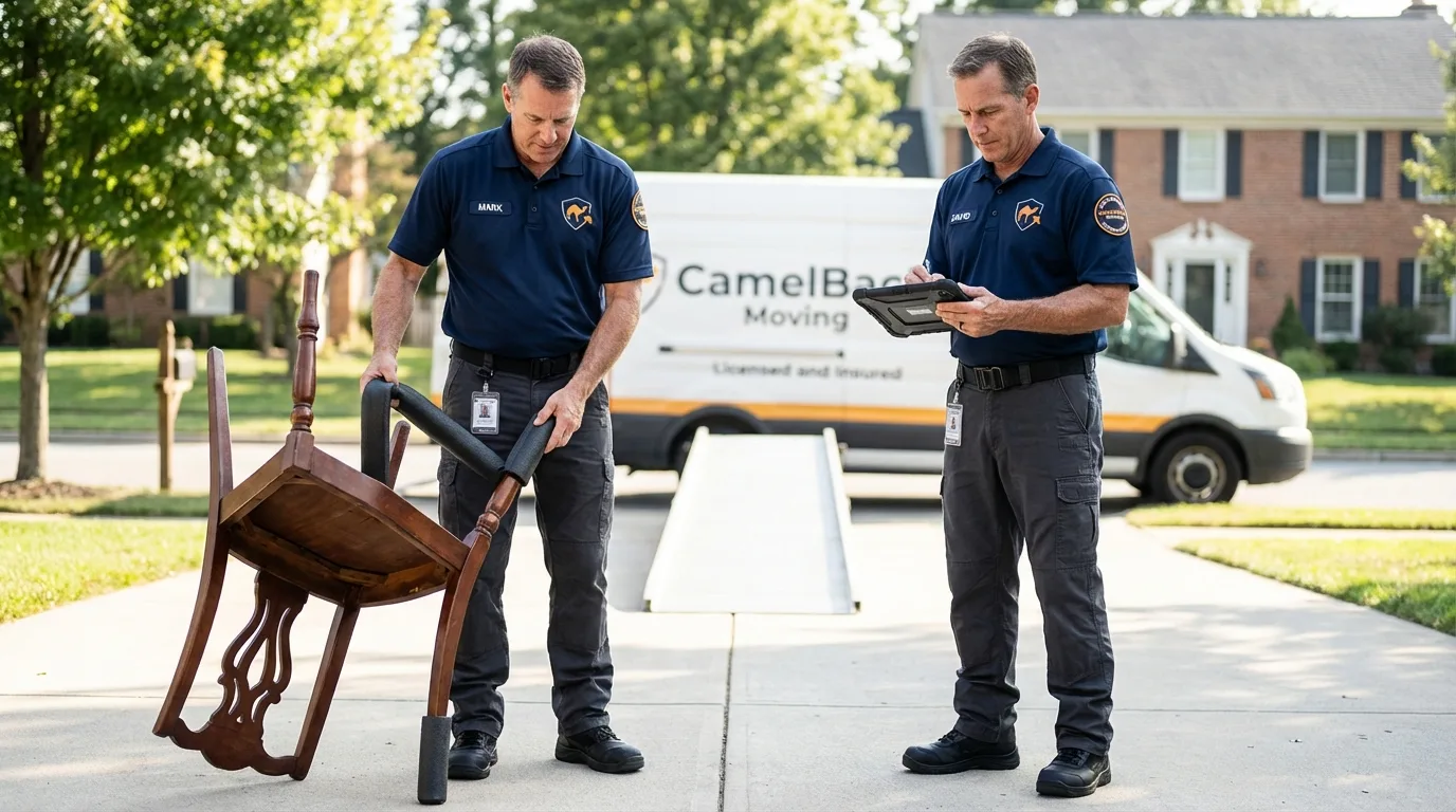 Movers inspecting furniture for damage prevention before loading in Liberty, IN