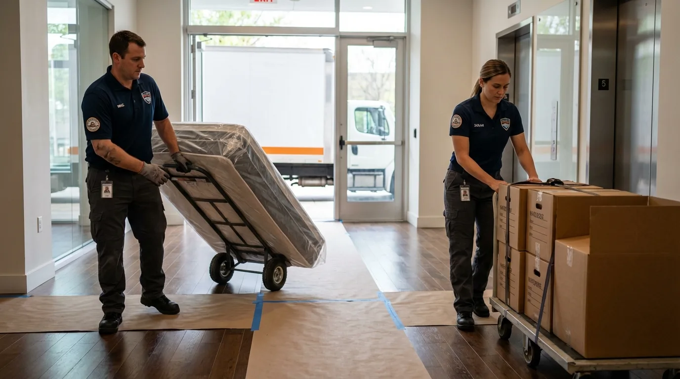 Professional apartment movers loading elevator in Liberty, IN