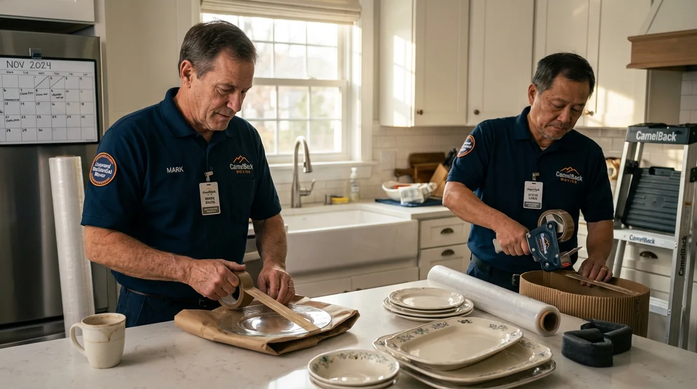 Professional crew packing kitchen dishware in Liberty, IN